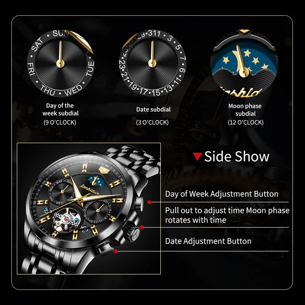 JSDUN 8945 Mens Watches Skeleton Flywheel Automatic Mechanical Wristwatch Calendar Moon Phase Original Luxury Business Man Watch