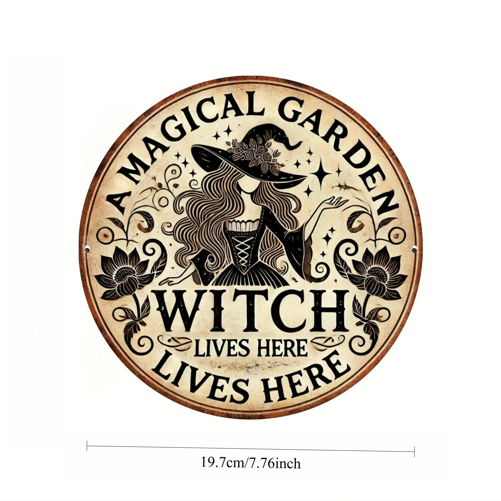 1pc Enchanting Garden Witch Metal Wall Sign - Round Witchy Decor with "A Magical Witch Lives Here" Banner - Aluminum Foil Sign view 2