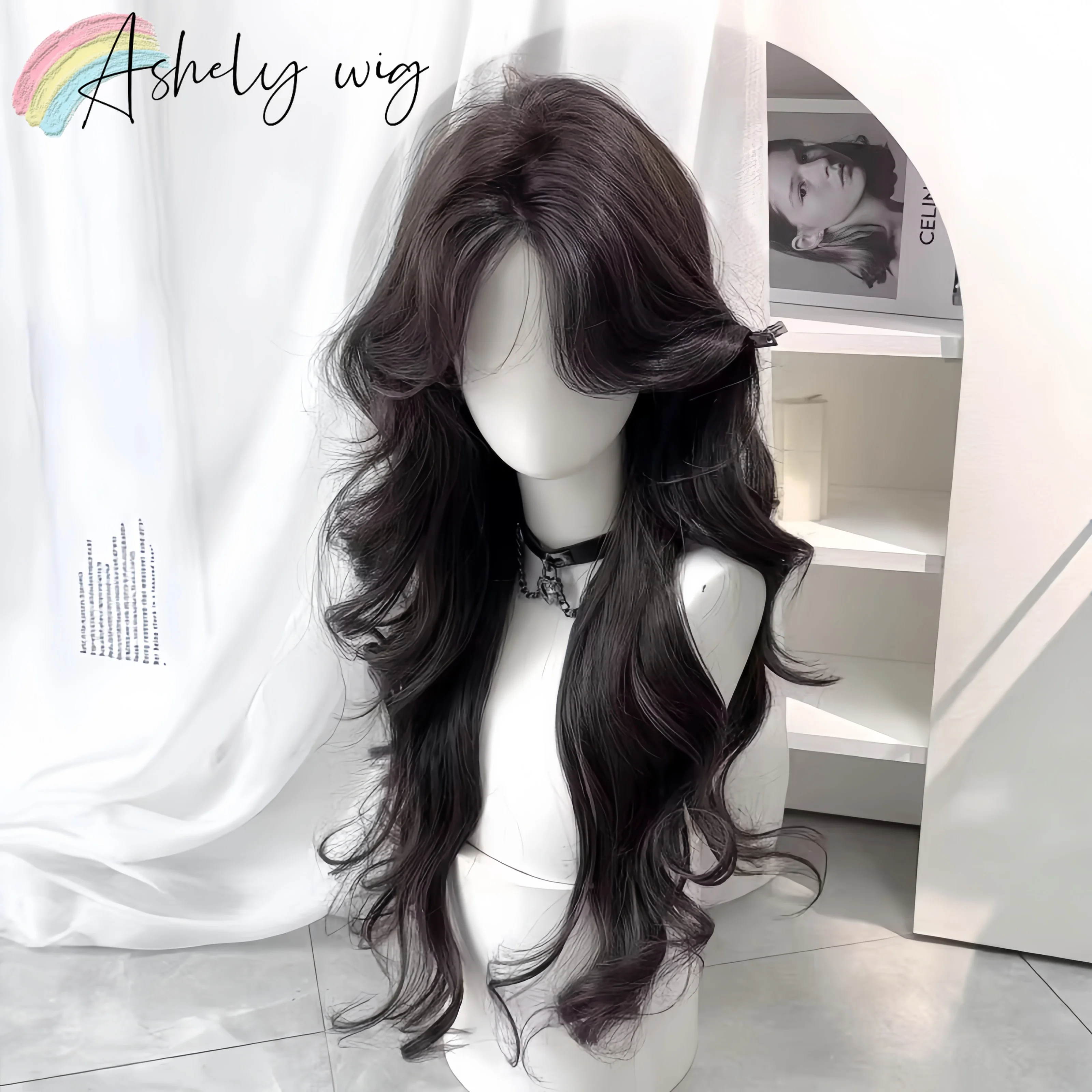 

Ashely Wig for Women Long Wavy Wig with Curtains Bangs High Temperature Fibers 26inch Body Wave Lolita Synthetic Wigs for Daily