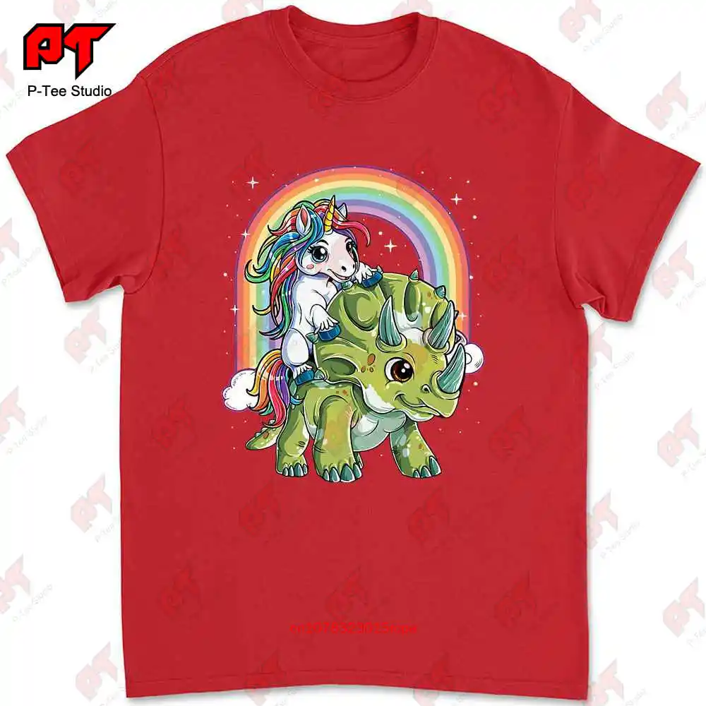 Unicorn Riding Dinosaur Triceratops Rainbow T-shirt JW3K image 4