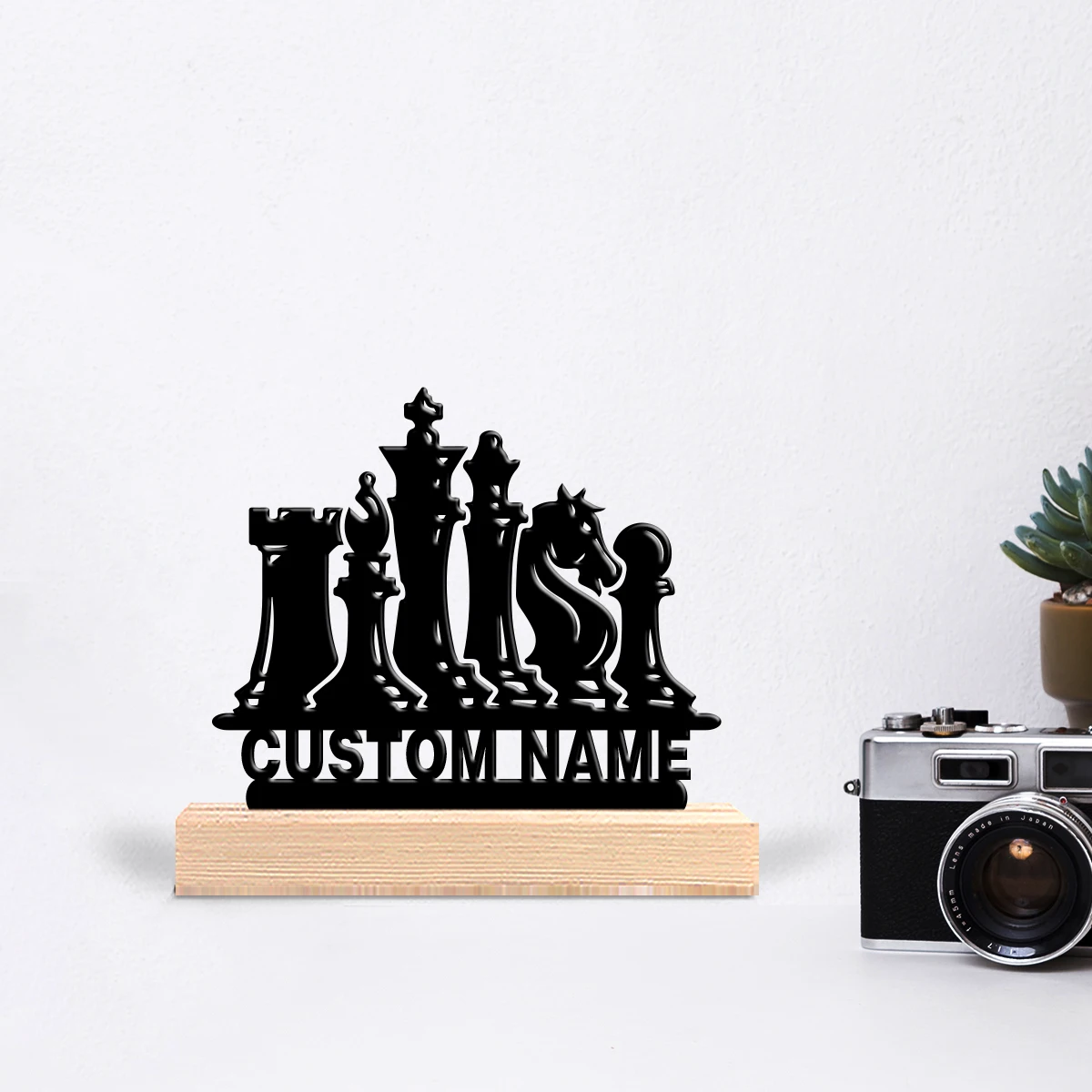1pc Simple Chess Customizable Text Iron Statue Tin Ornament Tin Sculpture With Wood Base Handicraft With Wood Base Home Table