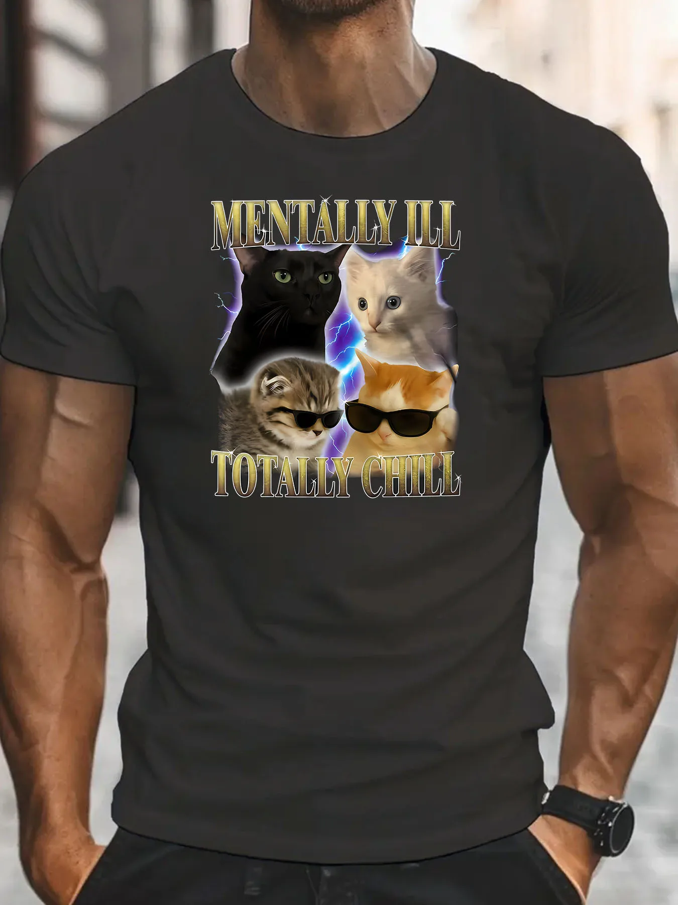 Mental Illness Totally Chill Funny Cat T-Shirt, Retro Cat Pattern T-Shirt, Men's Tops, Gift T-Shirts, Summer, Everyday Casual, Crew Neck Short Sleeves, Men's Fashion