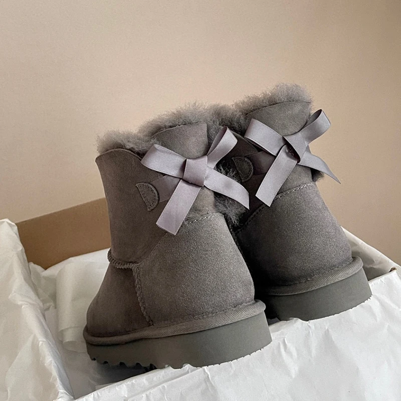 Aobreugg 2023 new snow boots women\'s winter plus fleece thickened natural fur wool fur integrated women\'s cotton shoes ribbon bo