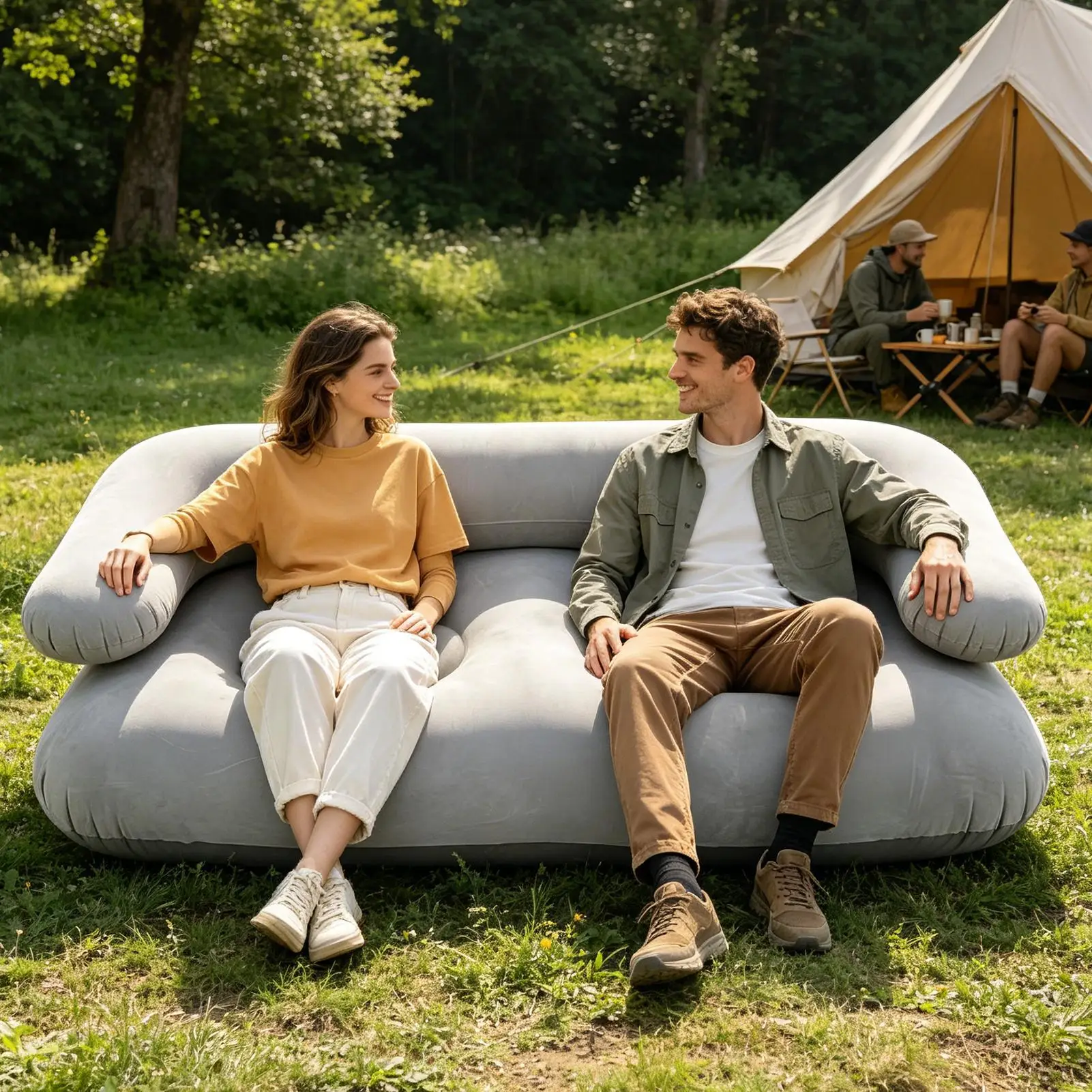 Inflatable Double Sofa Flocking Portable Air Couch Lazy Sofa for Living Room Travel Picnic Backyard Beach Patio Indoor