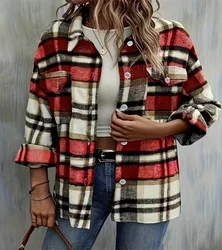 Autumn and winter new style ladies casual button jacket plaid striped pocket woolen single-breasted jacket