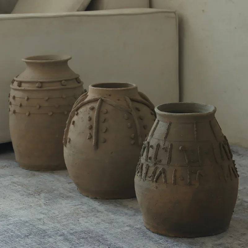 Spot wabi-sabi terroir color vintage stoneware flower ware handmade art landing antique clay pot homestay decoration ornaments