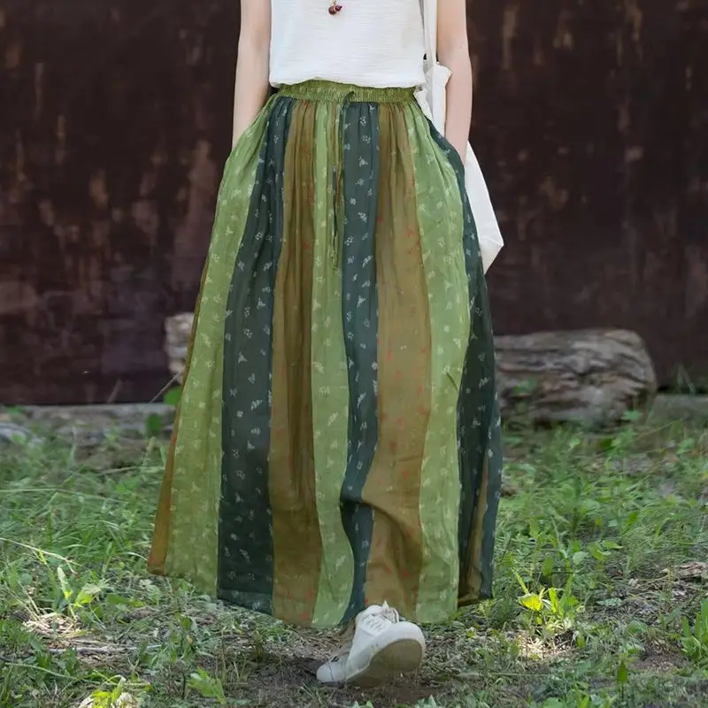 Summer Pure Ramie Printed Versatile Skirt: Floral Print, Slimming, Elastic Waist, Women's Skirt, Breathable and Soft