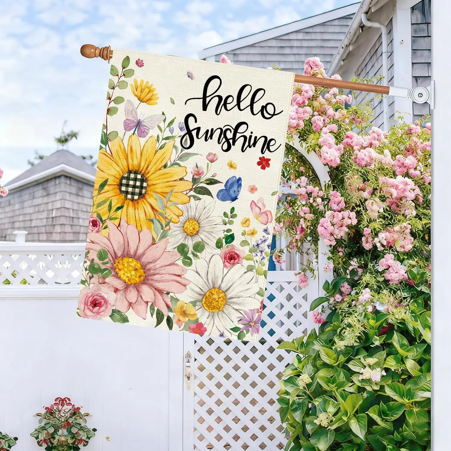 Baccessor Spring Summer House Flag Double Sided 28x40 Inch Burlap,Hello Sunshine Sunflowers Daisy Large Garden Flag Porch Pa SSL