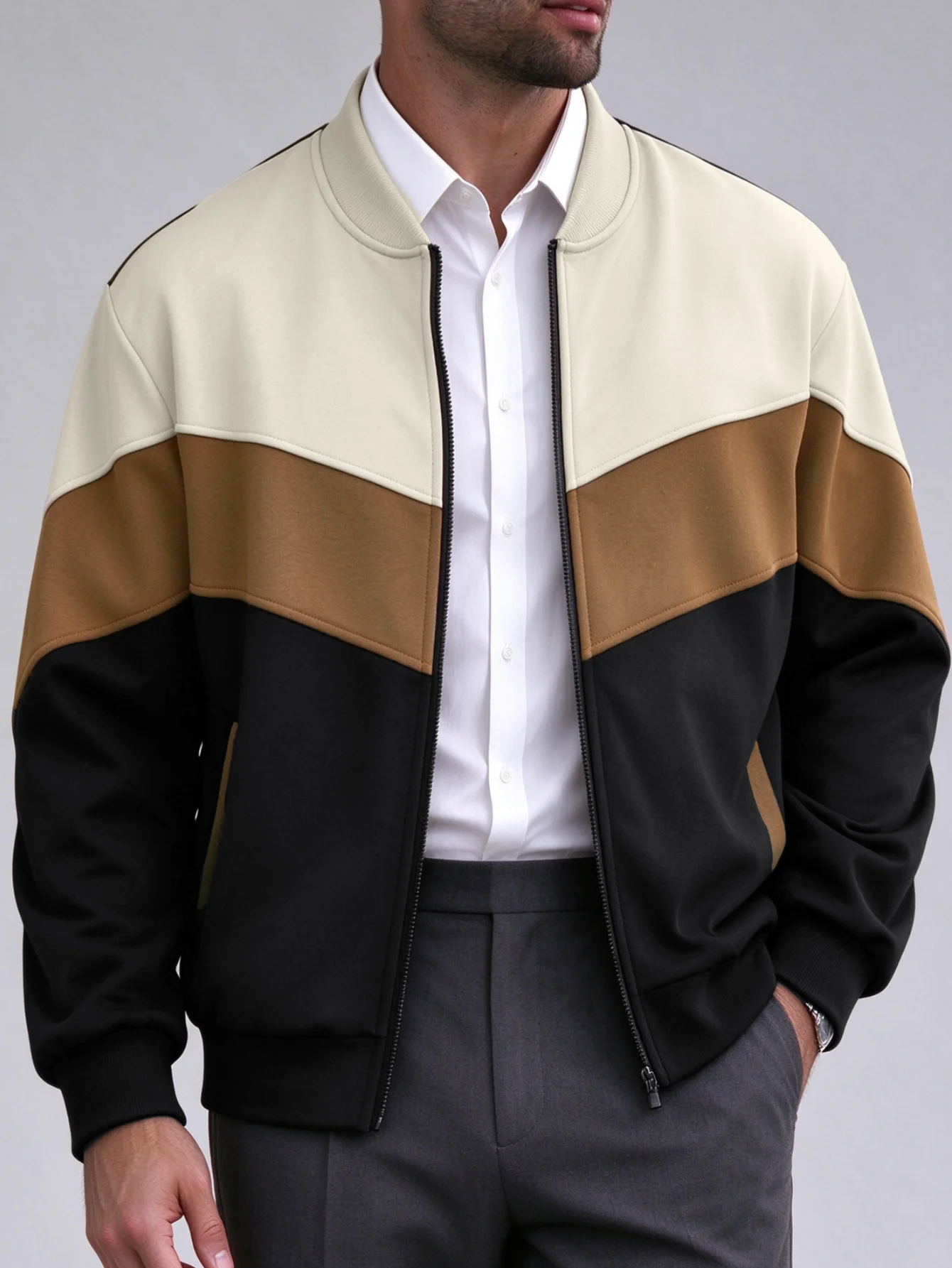 Men's Color Block Bomber Jacket Full Zip Rib Baseball Collar Casual Sweat Jacket Long Sleeve WindproofVintageStreetwearOuterwear