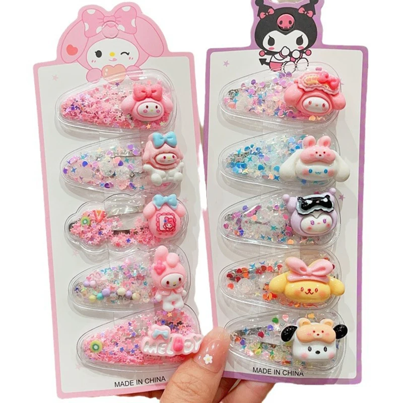 Kuromi Sanrio grampos para meninas, Hairclip Kawaii, Cinnamoroll, Baby Hairclip, Melody Princess, Areia Flowing, Cabelo Presilha, Sanrio Acessórios, 5pcs