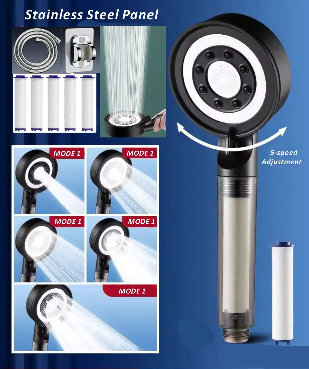 New High Pressure Shower Head Set 5 Jet Modes Adjustable Shower Head with Filter Large Water Flow Spray Bathroom Accessories