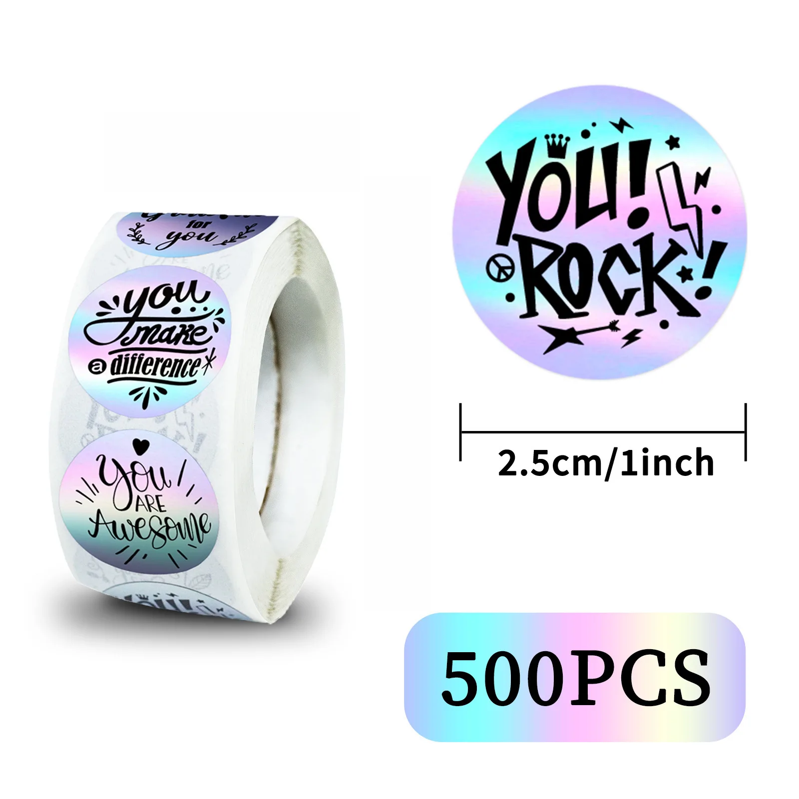 JCAC 500pcs/roll 25mm Holographic Encouragement & Thank You Stickers, Round Self-Adhesive Emoji Seal Labels