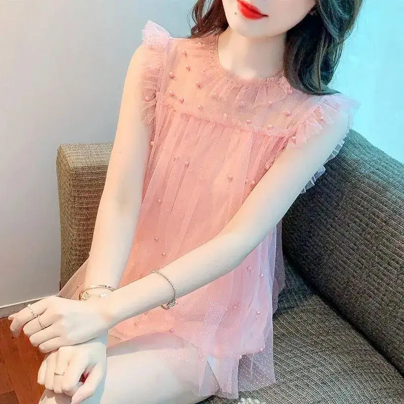 Pink Sheer Mesh Blouse with Pearl Beading and Ruffled Neckline Loose Fit Sleeveless Women Summer Top