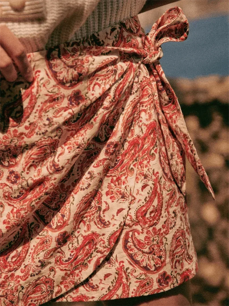 Falda de Cachemira Floral para mujer, Mini Jupe asimétrico con cordones Vintage de cintura alta, novedad de 2024