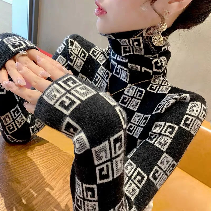 Women Turtleneck Vintage Jacquard Slim Sweaters Early Spring Fashion Chic Casual Soft Knitted Pullovers Y2k Knitwear