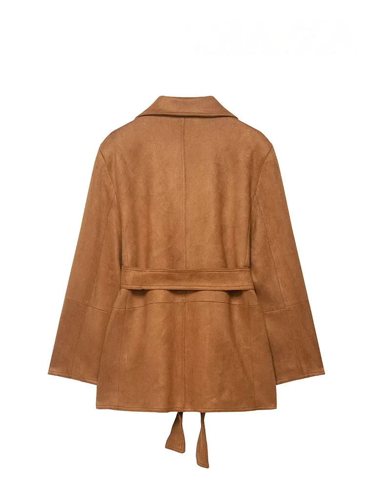 HH Female Autumn Casual Coats Solid Turn-Down Collar Lace-Up Decoration Pockets Button Women's Fashion Long Sleeves Jacket