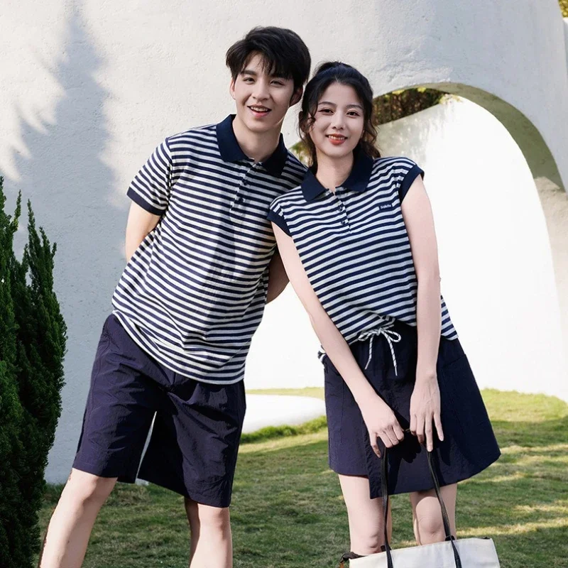 

2026 Summer Family Matching Outfits Striped Polo Shirt & Skirt/Shorts Set Casual Preppy Family Wear for Mom Dad Kids Soft Cotton
