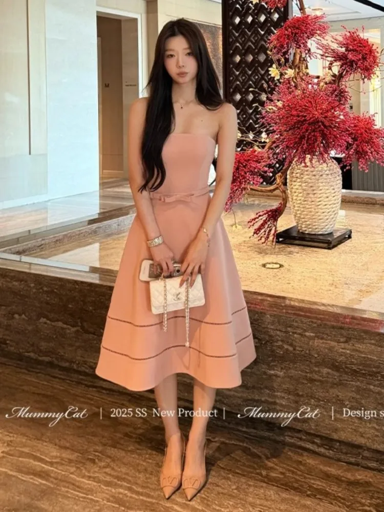 

Elegant Solid Princess Evening Party Dress French Romantic Sweet Style Pink Dress Korean Summer Spaghetti Strap Wedding Vestidos
