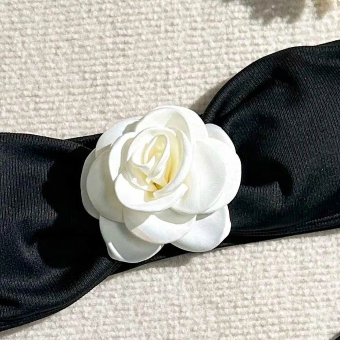 New Drawstring Three-dimensional Flower Split Two-piece Swimsuit Sexy Tube Top Backless Sleeveless Swimwear Black Fashion Bikini