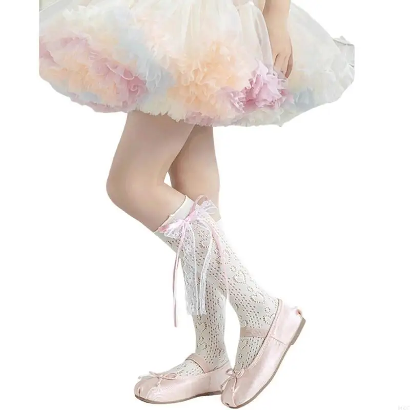 

96GC Bowknot High Boot Socks Calf Socks for Teen Girls Long Leg Cover Mesh Knee High Stockings Child Socks Ankle Heap Sock