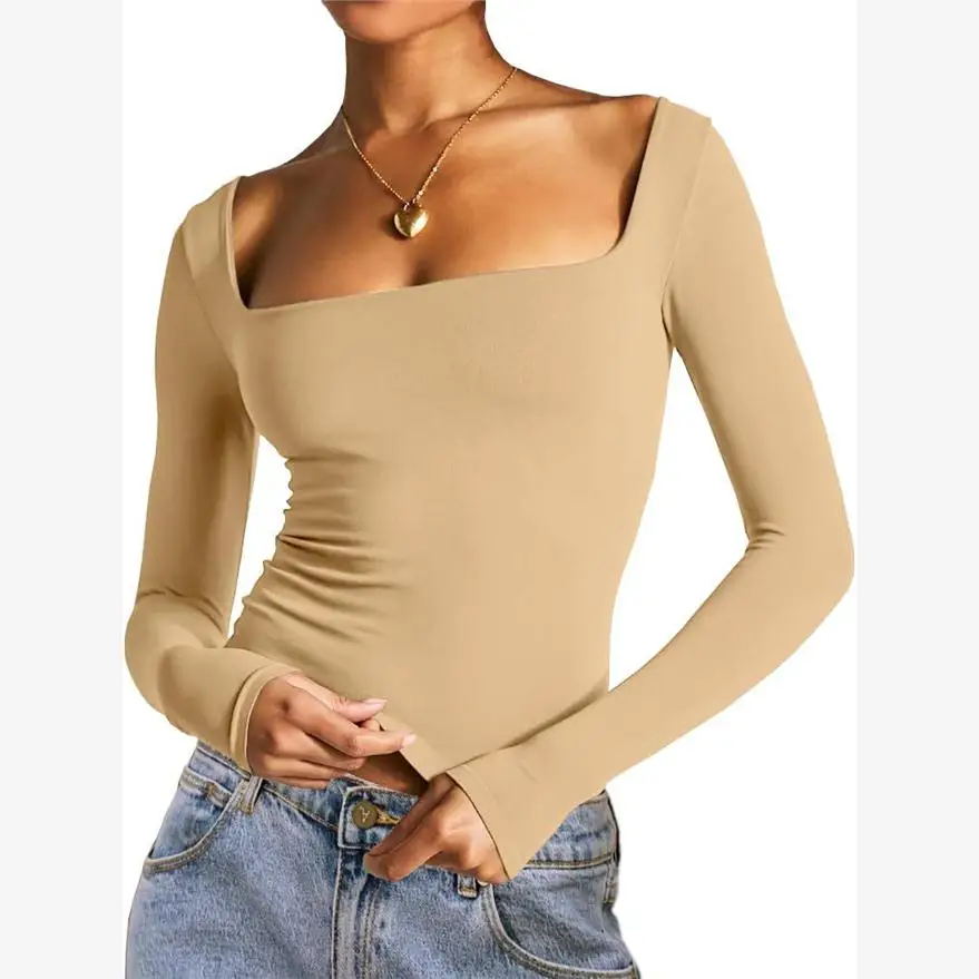 New Women's Square Ne T-irt Top Cute Sle Long Sve ort Length Slim Fit Faionable Top for Ladies Autumn Season