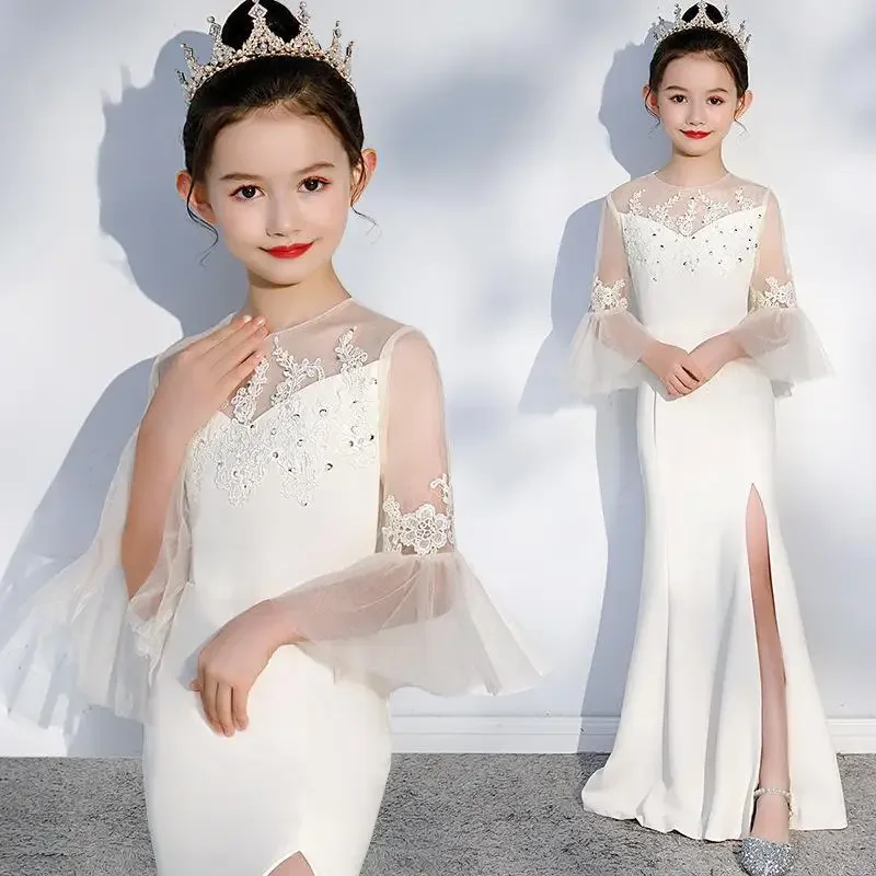 

White Trumpet Holiday Dress kids Full Length Elegant Wedding Ceremony Girl Dress Princess Birthday Party Dress For Kids Girl