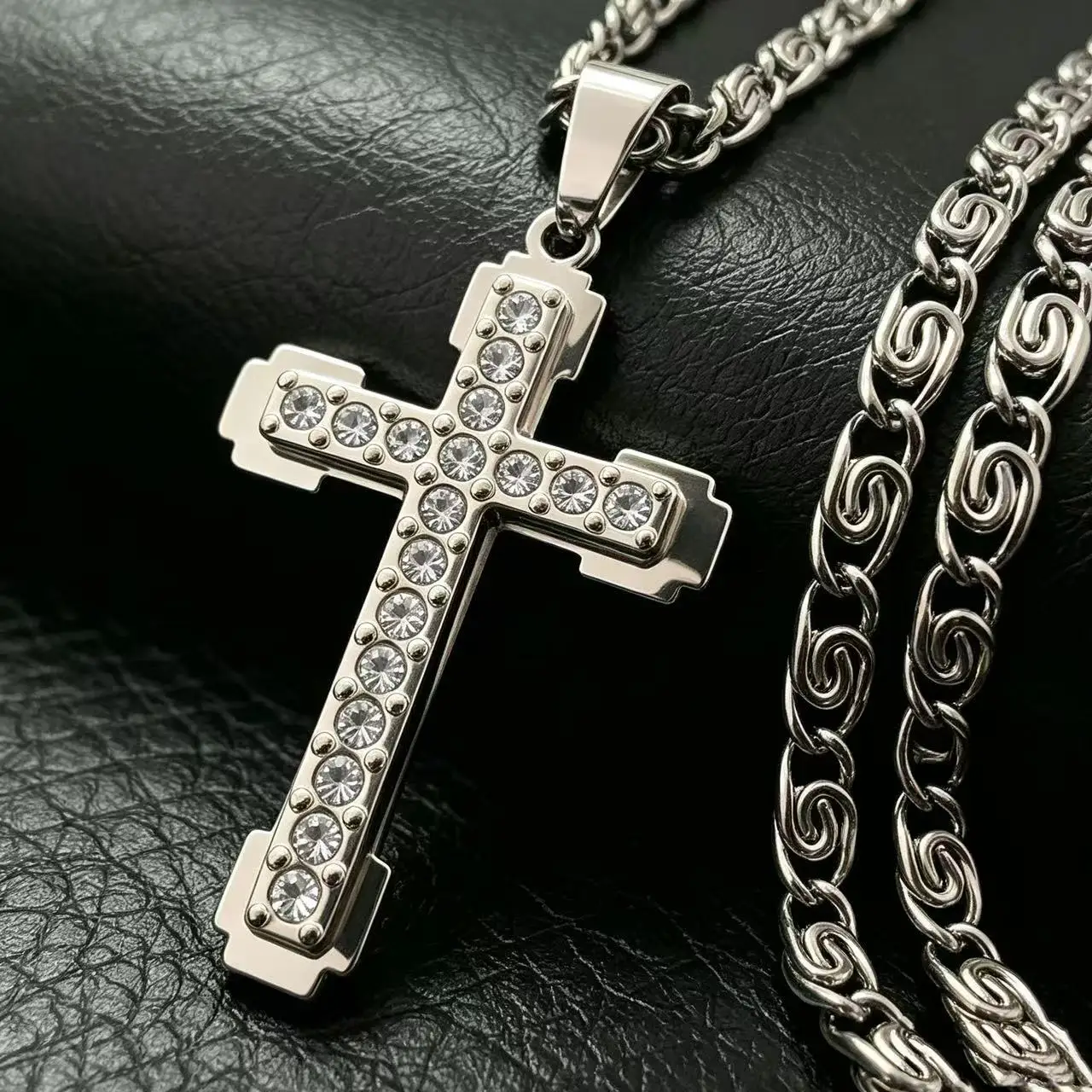 HNSP Stainless Steel Luxury Zircon Cross Necklace Pendant For Men Women Jewelry Accessories