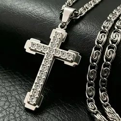 HNSP 316L Stainless Steel Cross Chain Necklace Pendant For Men Luxury Zircon Jewelry Accessories Male