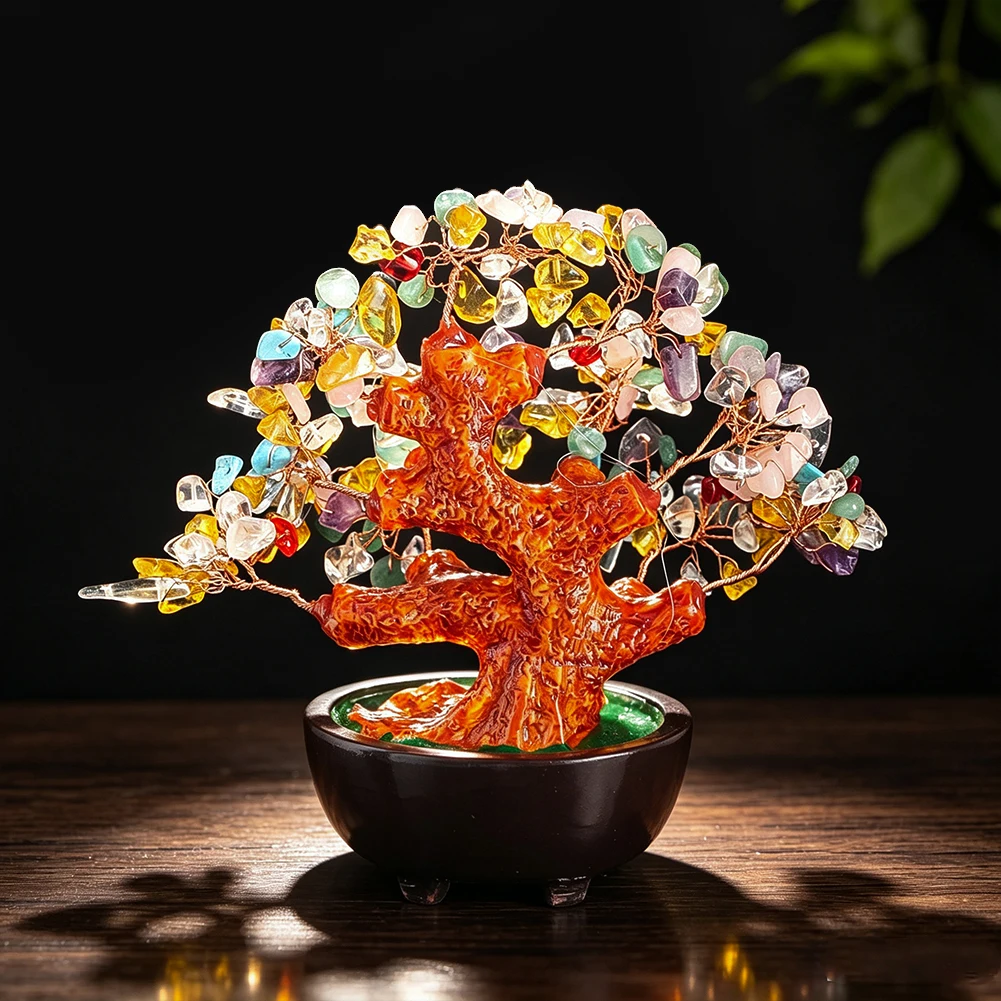 Handgefertigter Natürlicher Chakra-Kristall-Glücksbaum mit Harzstamm und Keramikbasis, Heilstein-Bonsai-Ornament, Einweihungs- und Geschäftsgeschenk – Detail 3
