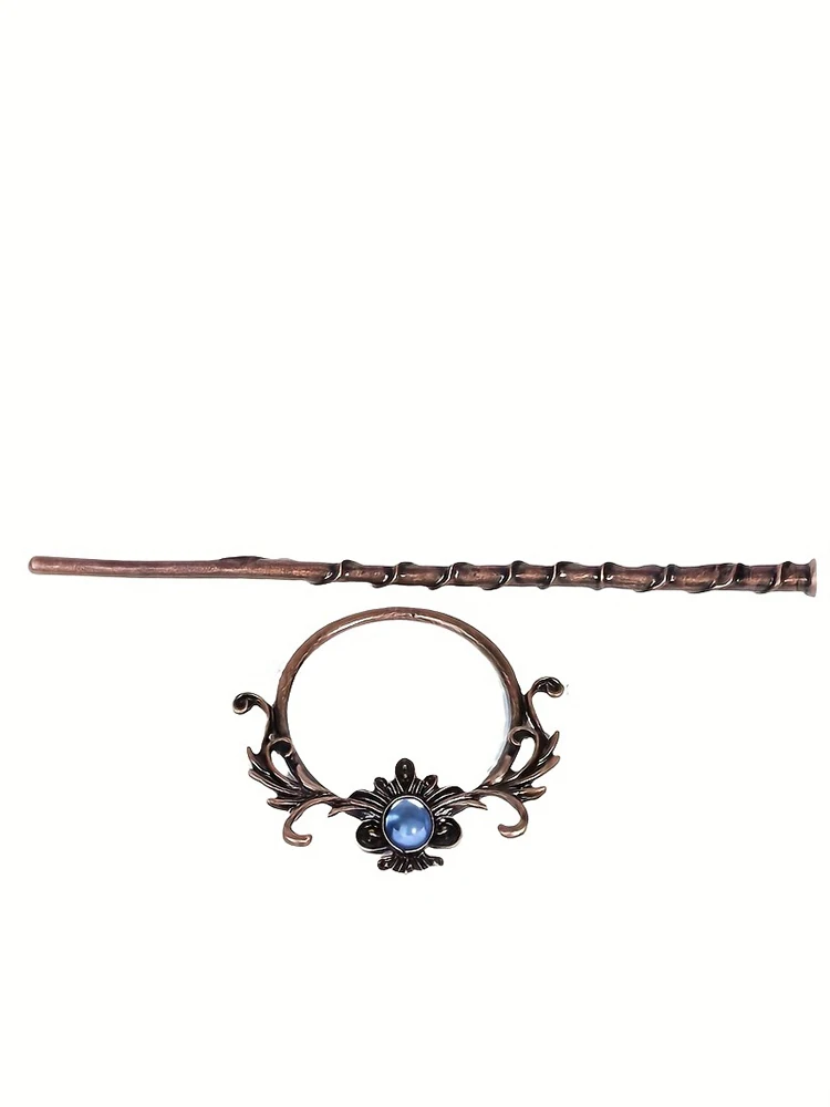 1-teiliger Haarstab im Vintage-Stil: Kupfer – getönt mit blauem Edelstein und verziertem Blumenmuster, perfekt für Boho- und Fantasy-Looks – Detail 6