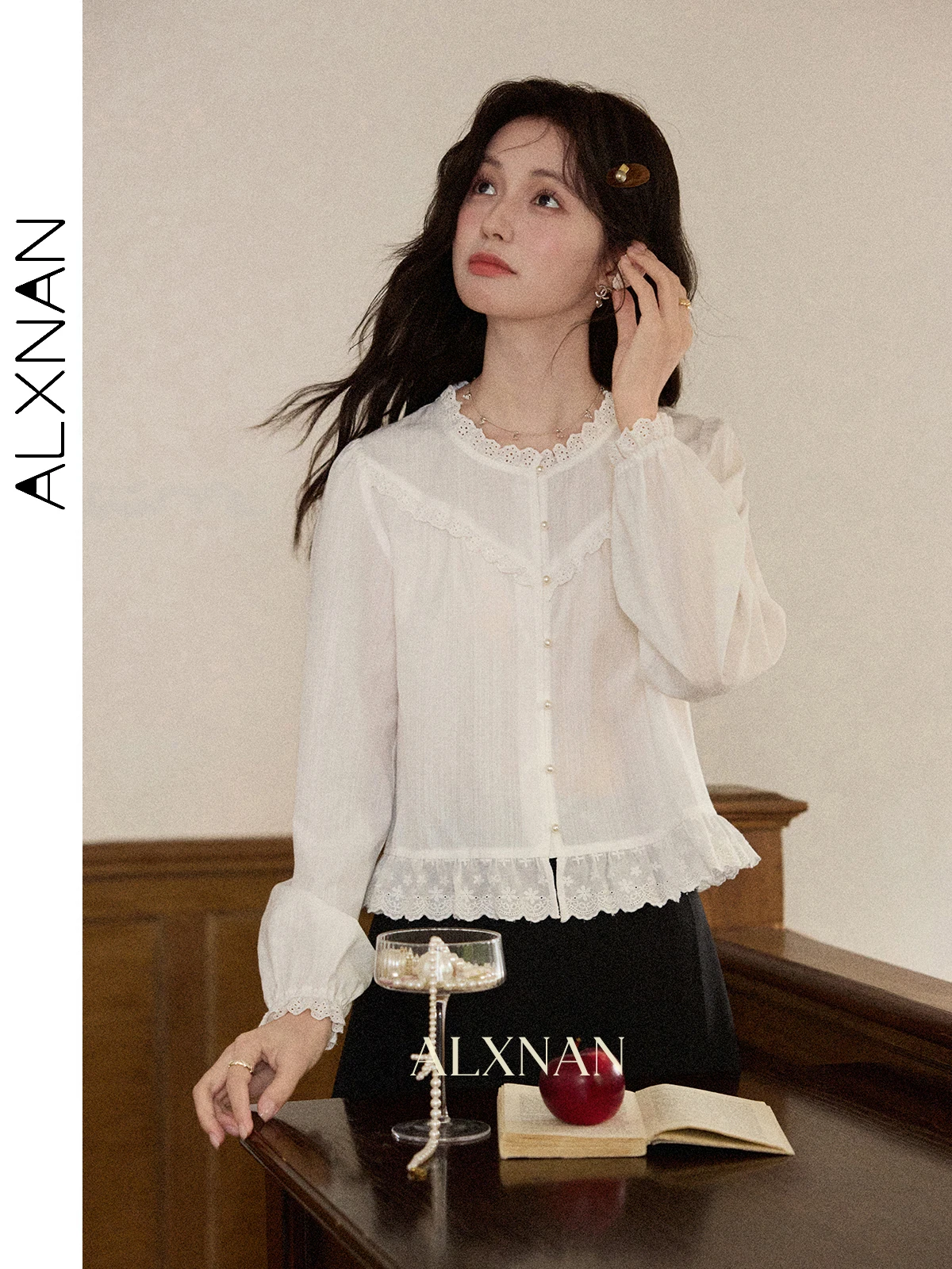 

ALXNAN Women's Shirt White Lace Pearl Buttons Sweet Cotton Blouses Autumn Casual Office Lady Loose-fit Long Sleeve Tops L56915