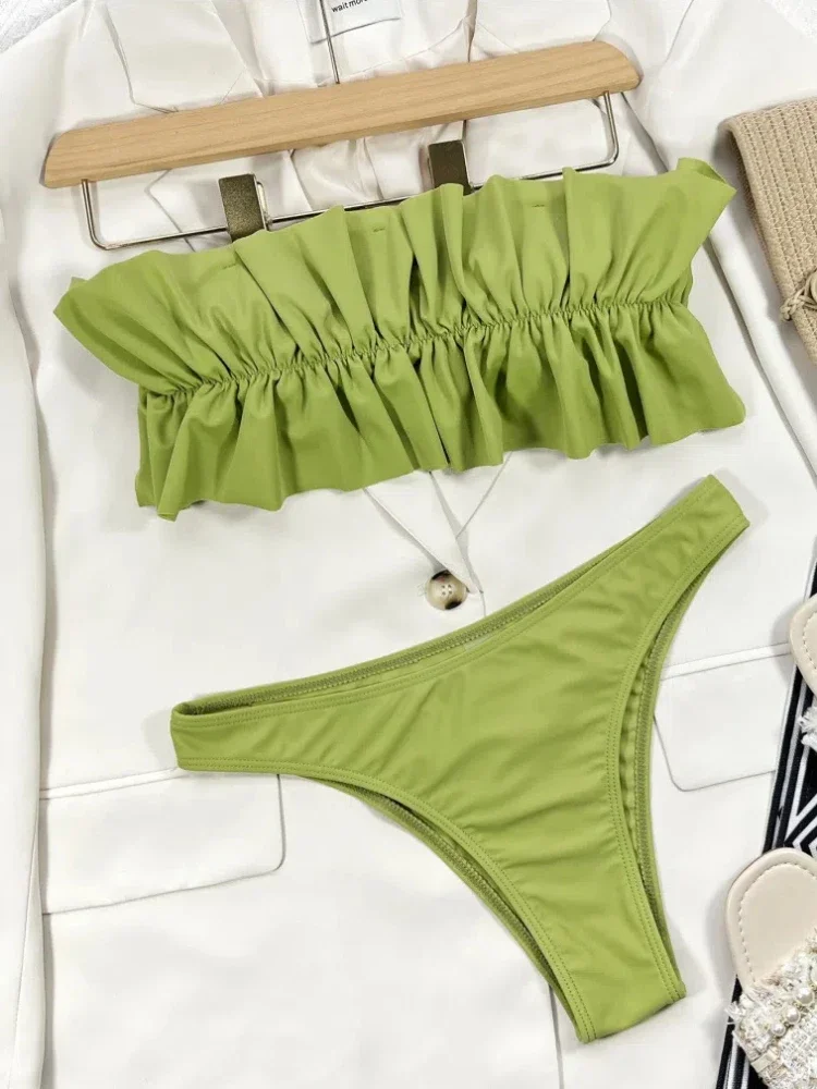 

Красный микро-бикини 2024, женские сексуальные стринги, купальник из двух предметов, бандо, купальник с рюшами, женский купальный костюм, летняя пляжная одежда, синий