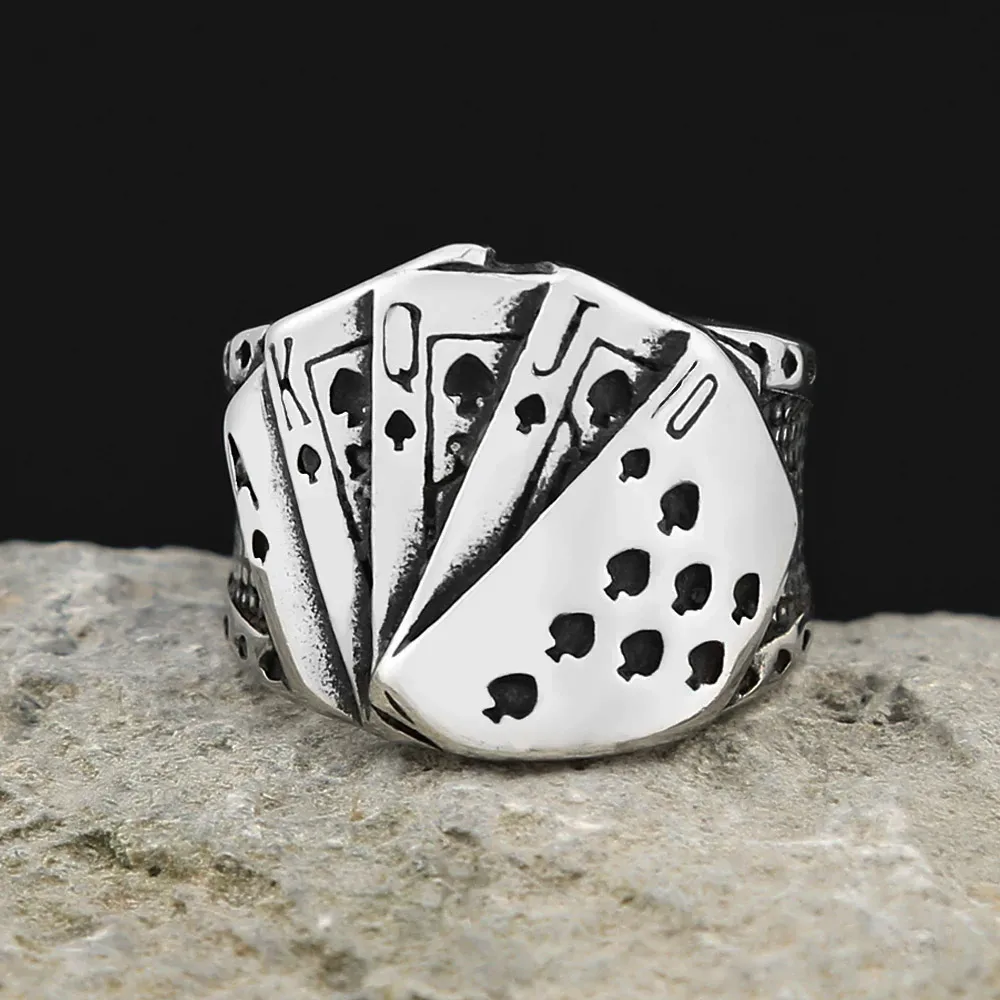 Punk Vintage Spade Straight Flush Lucky Poker Ring Stainless Steel Hip Hop Magician Jewelry For Men Women Fashion Jewelry Gifts