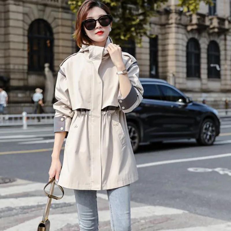 

Spring Autumn Trench Coat Women 2025 New Korean Mid Long Hooded Workwear Windbreaker Jacket Female Casual Outerwear Ladies Tops