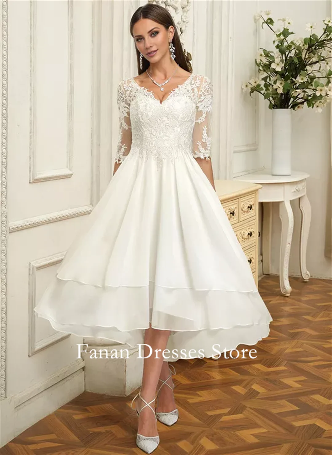 

FANAN A-line V-Neck Asymmetrical Lace Chiffon With Ruffle Wedding Dress Bride Dresses Wedding Dresses 웨딩드레스 Ivory Customize