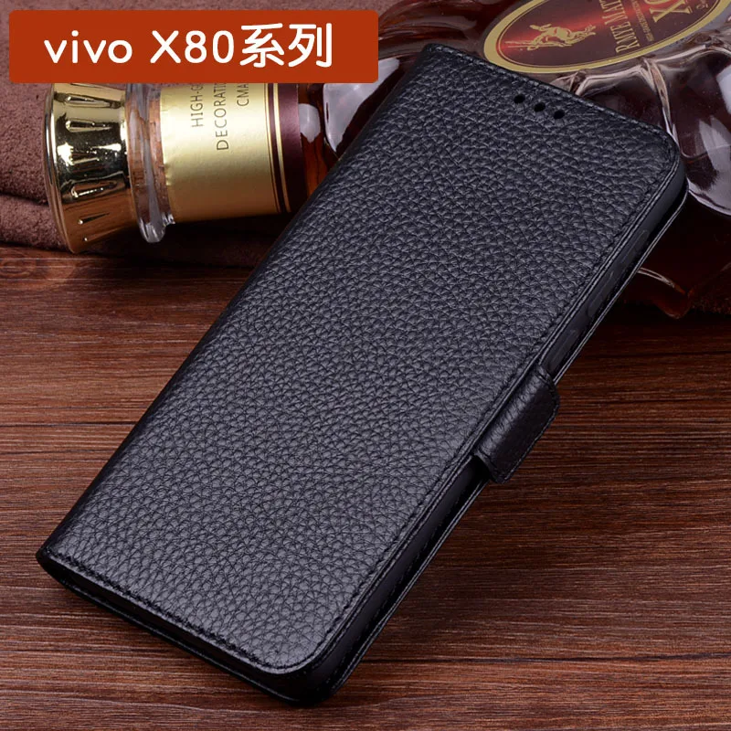 

Hot Sales Luxury Lich Genuine Leather Flip Phone Case For Vivo X80 Pro Real Cowhide Leather Shell Full Cover Pocket Bag