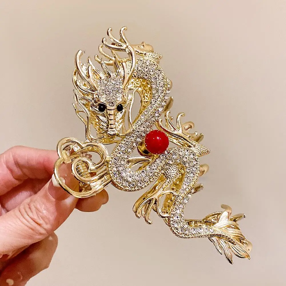 2024 New Chinese Dragon Year Hair Clips Hair Accessories for Women Girl Red Bead Metal Rhinestone Hair Claw Pin Fashion Jewelry