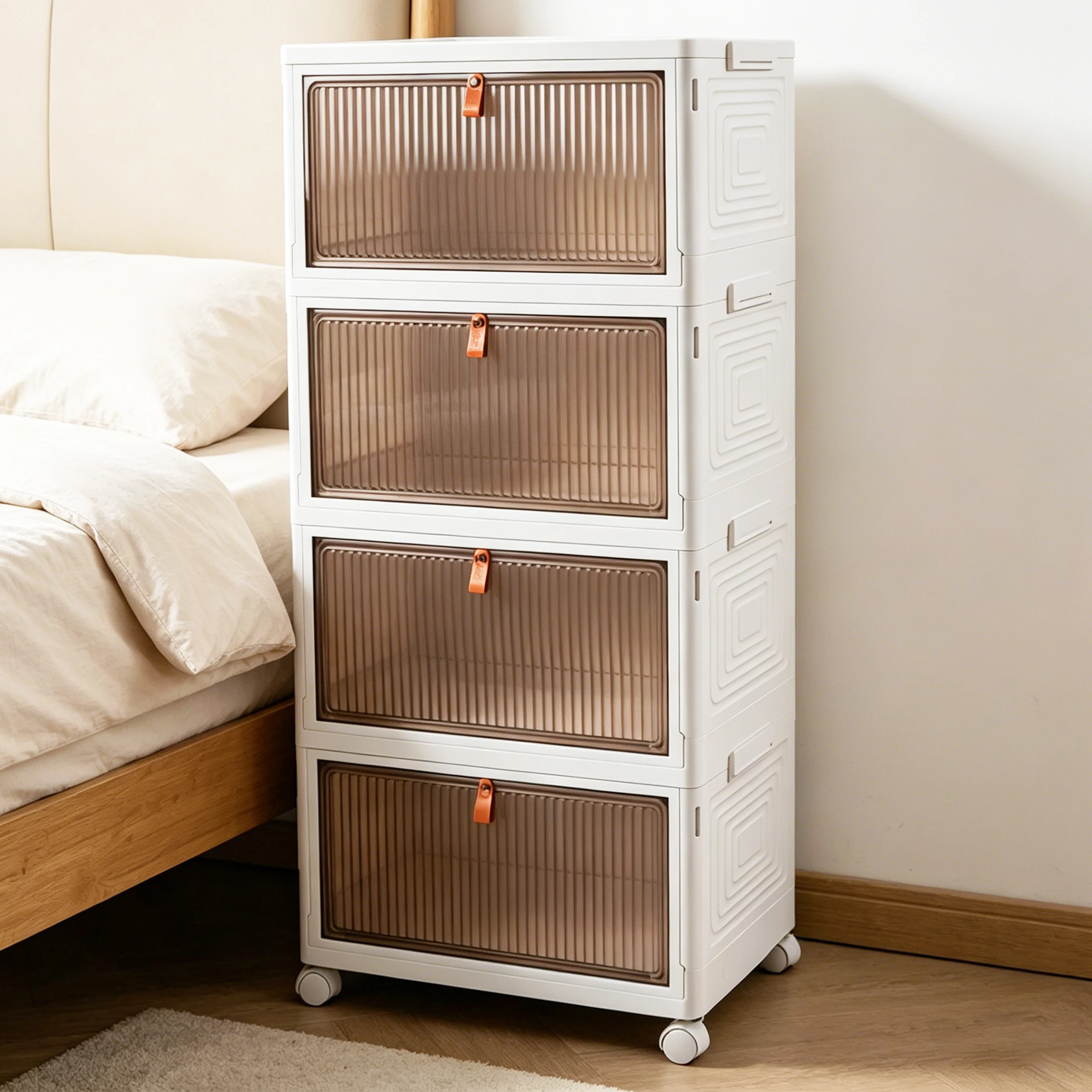 

4 Tier Stackable Storage Bins with Lids, 92 QT Foldable Storage Cabinet with Doors and Wheels