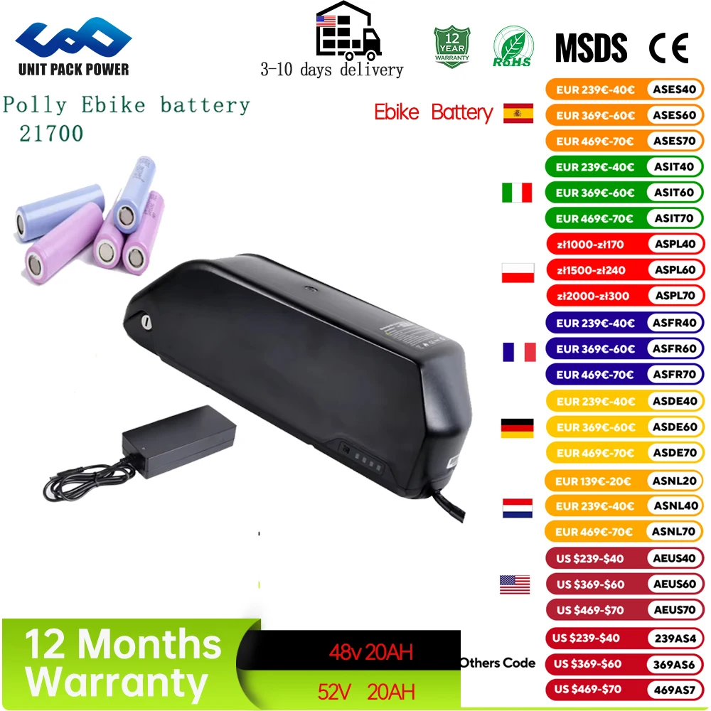 48V 36V  52V 20AH 25AH Ebike Battery 21700 Electric Bike Downtube Polly Battery Lithium  for Motor 1500W 1000W 750W 500W 350W