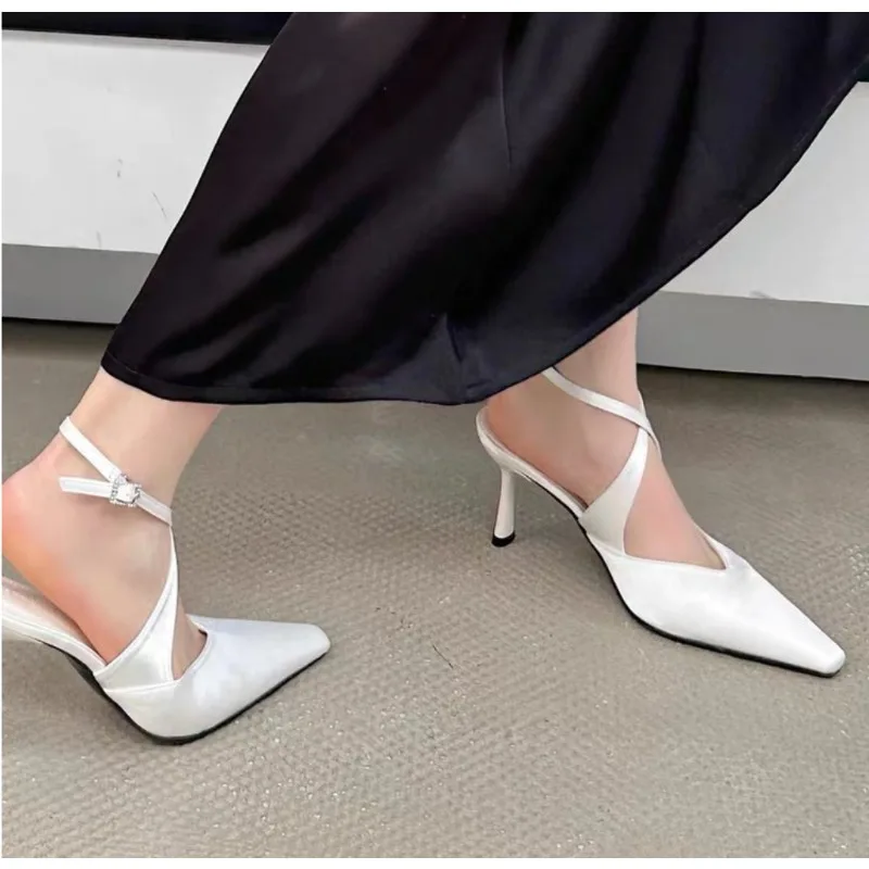 2026 New Brand Women Slipper Fashion Pointed Toe Slip on Ladies Elegant Mules Sandals Thin High Heels  Ankle Strap Dress Pumps