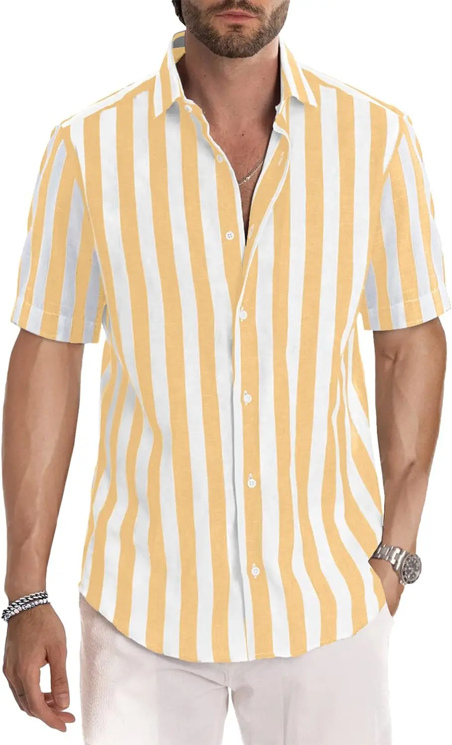 Eenvoudig ontwerp heren gestreept overhemd zomer dagelijks casual revers knop korte mouwen losse ademende sneldrogende mannelijke kleding