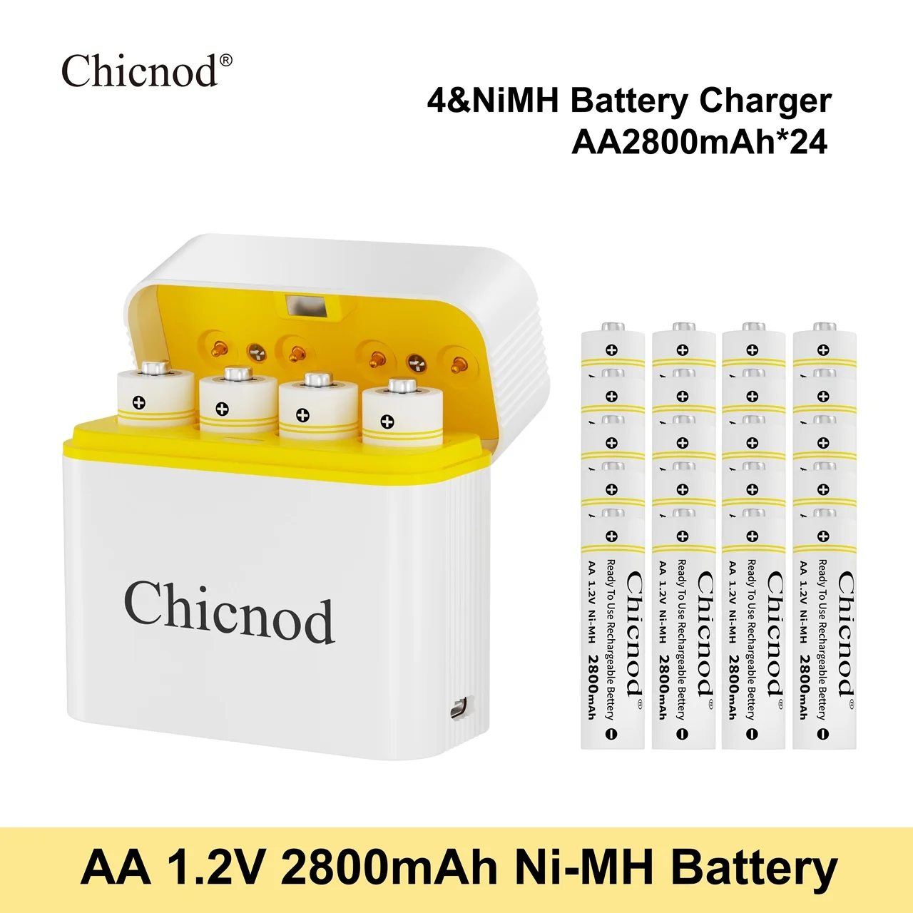 CHICNOD AA Rechargeable Batteries 2800mAh Ni-MH Battery 1.2V Smart Fast Charger 4 Slot USB Charging Kit for Camera Flashlight