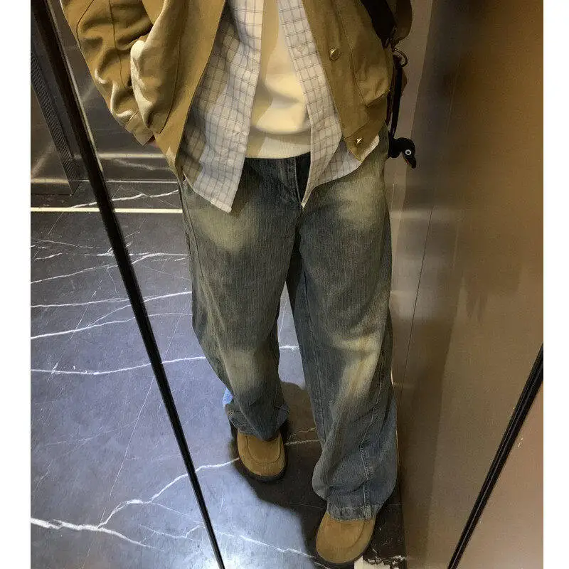 

Retro American Wide Leg Men's Jeans Loose Straight CleanFit High Street Long Pants Spring Autumn Wear Resistant Cotton Denim