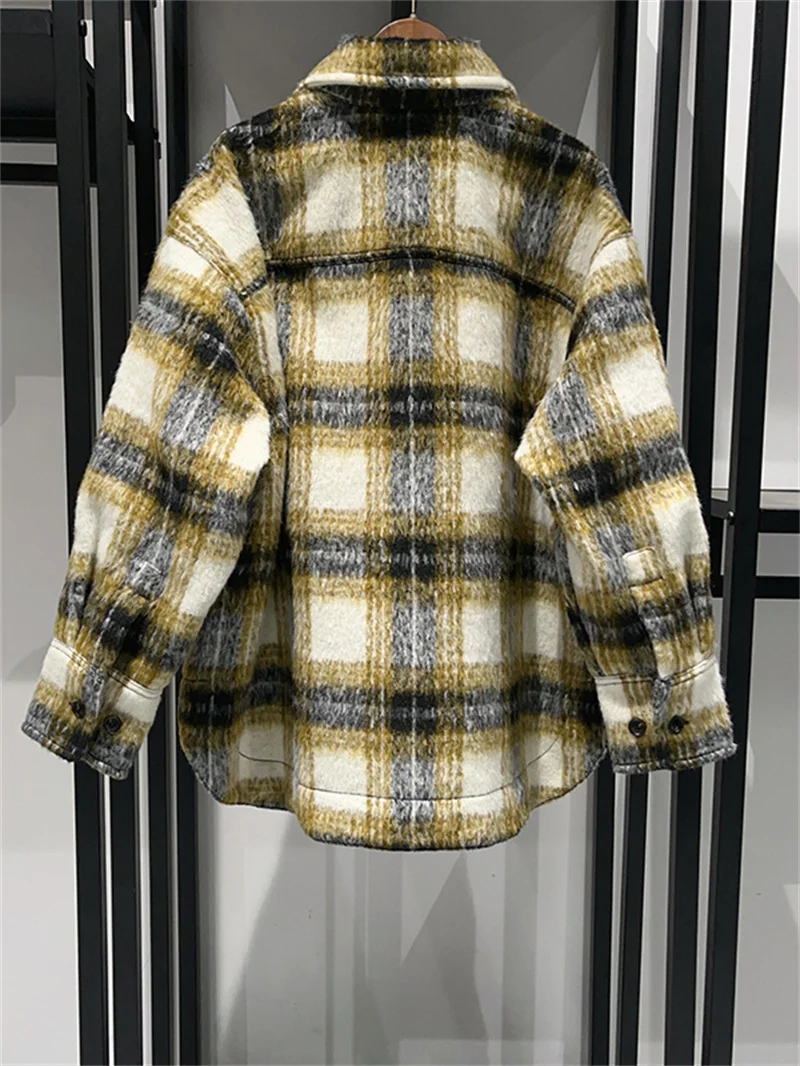 Damen Langarm Einreiher Lässige Lose Jacke Damen Retro Kontrast Plaid Umlegekragen Wollmantel 2024 Winter