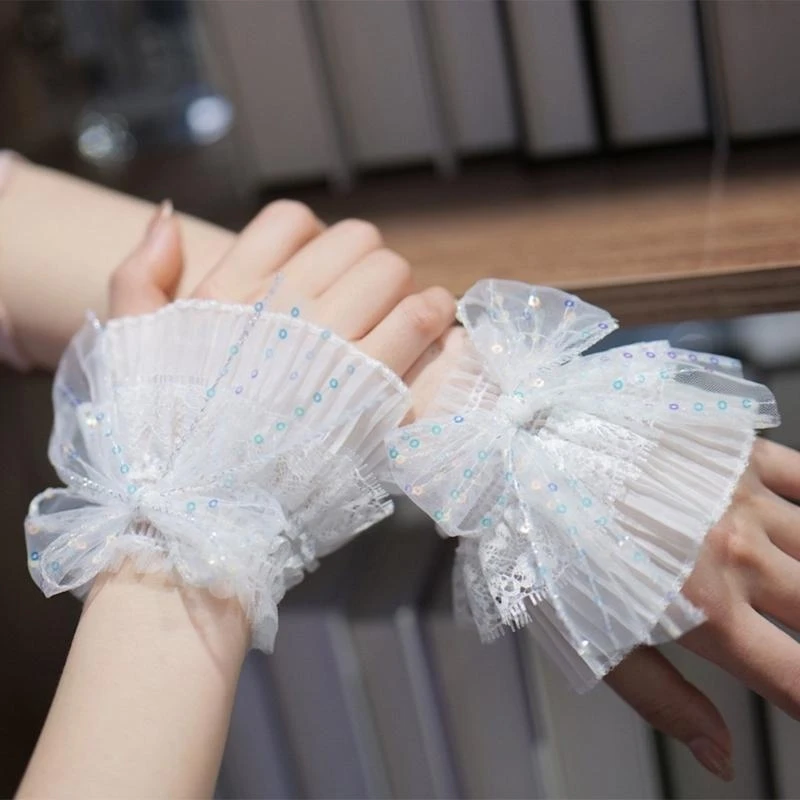 

Sequins Wrist Cuffs Detachable Elegant Wristband Flared Tulle Ruffled False Bowknot Cuffs Sweater Wristband