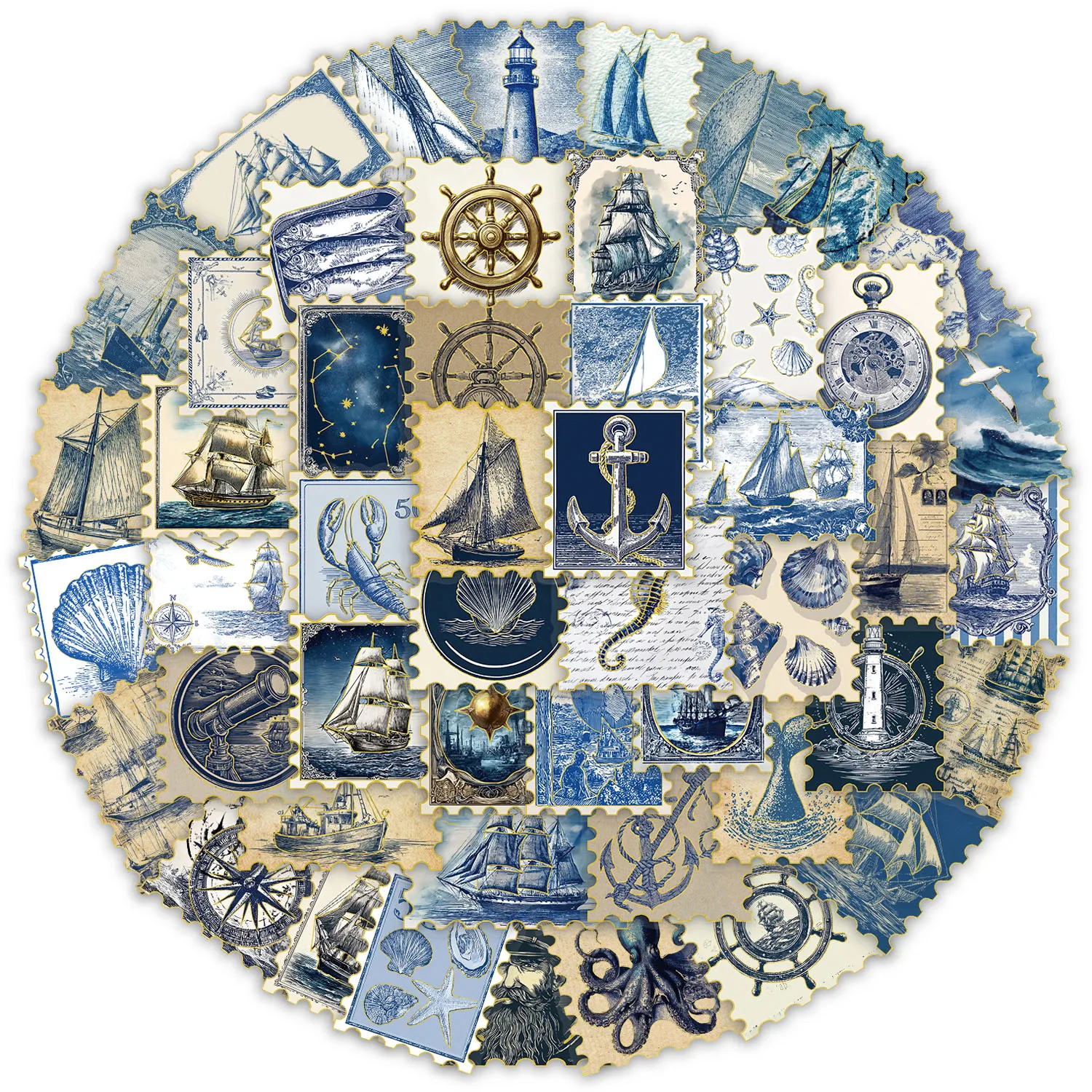50PCS Vintage Blue Maritime Postage Stamp - Gold Foil Stickers DIY Phone Case Laptop Water Cup Computer Toy Stickers