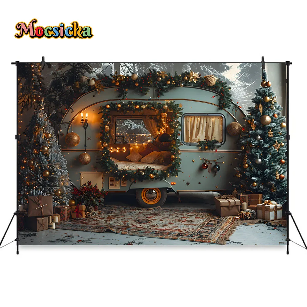 Christmas Photography Background Winter Snowy Camping Bus Xmas Tree Backdrop Decor Kids Family Photo Street Lights Studio Props