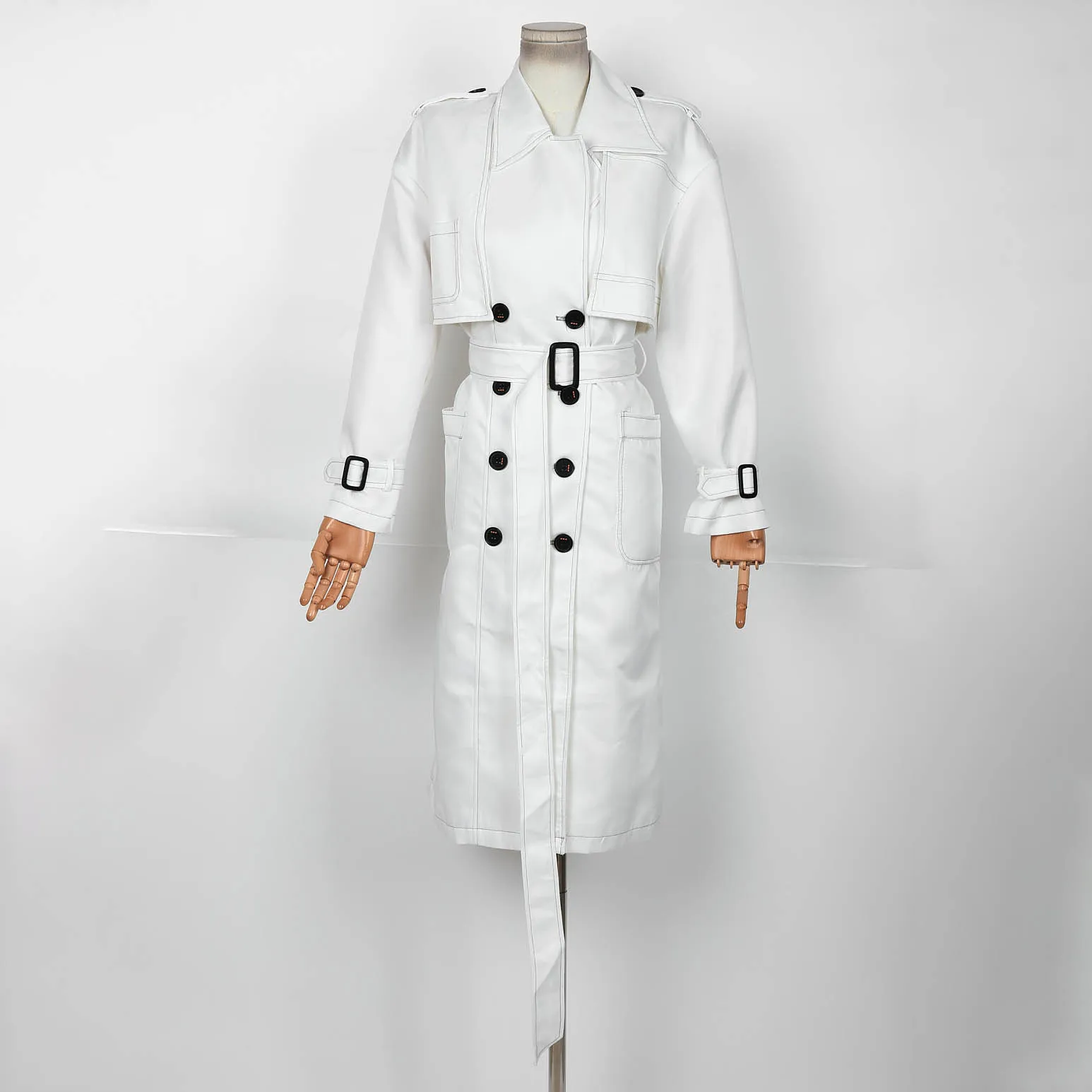 

Women's Spring Trench Coat 2025 New Double Breasted Belted Waist Lapel Long Sleeve Fashion White Outerwear Office