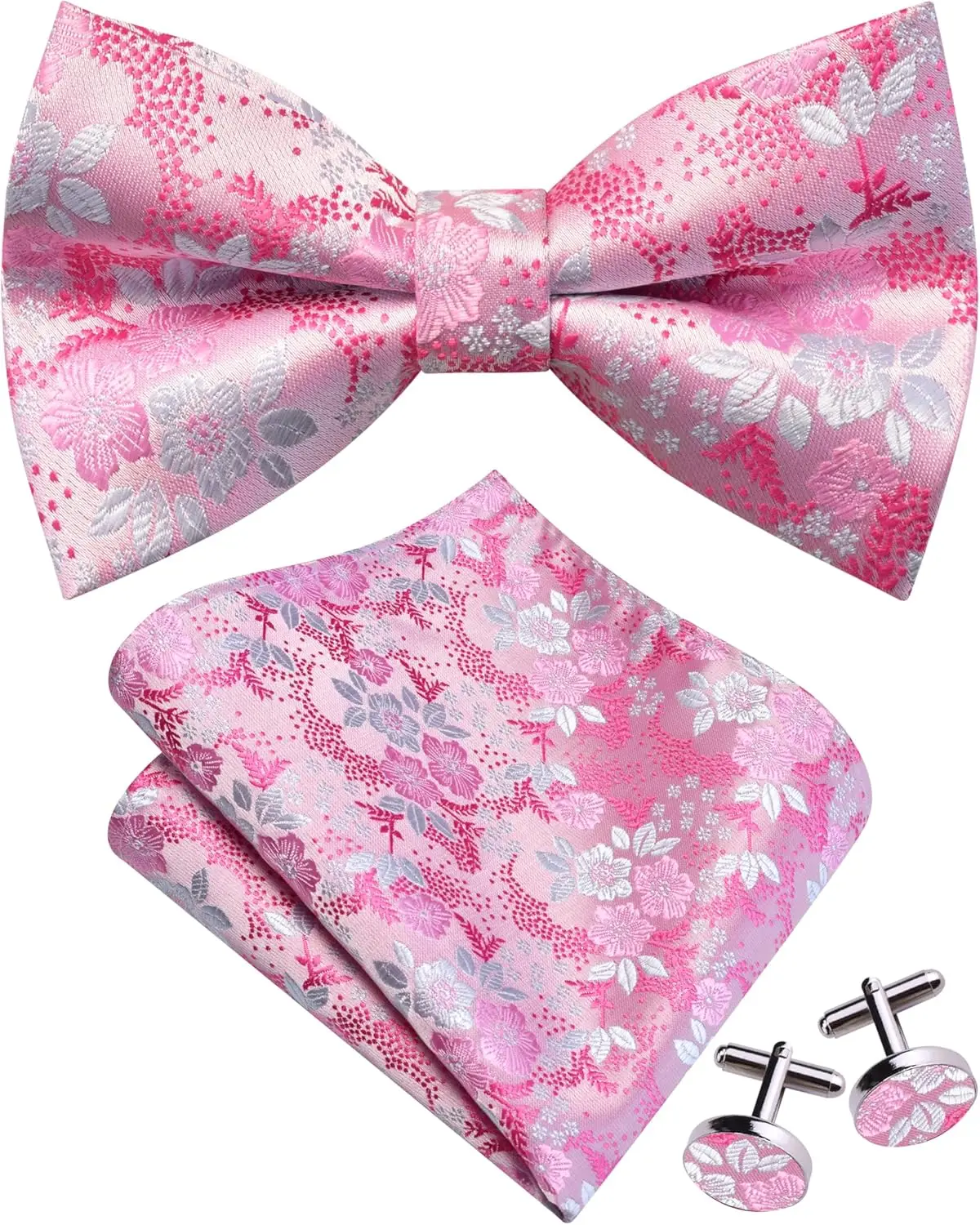 Conjunto de Corbata de Lazo Floral y Pañuelo de Bolsillo Ajustable Pre-atado con Gemelos