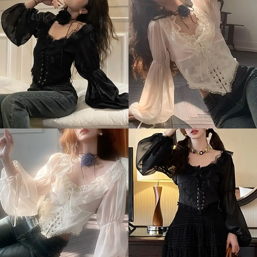 

Retro Mesh Ruffled Lace Chiffon Tops Lace Patchwork Chiffon Blouse Blusas Puff Long Sleeve Lace-up Shirts Party